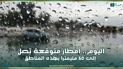اليوم.. أمطار متوقعة تصل إلى 50 مليمترا بهذه المناطق