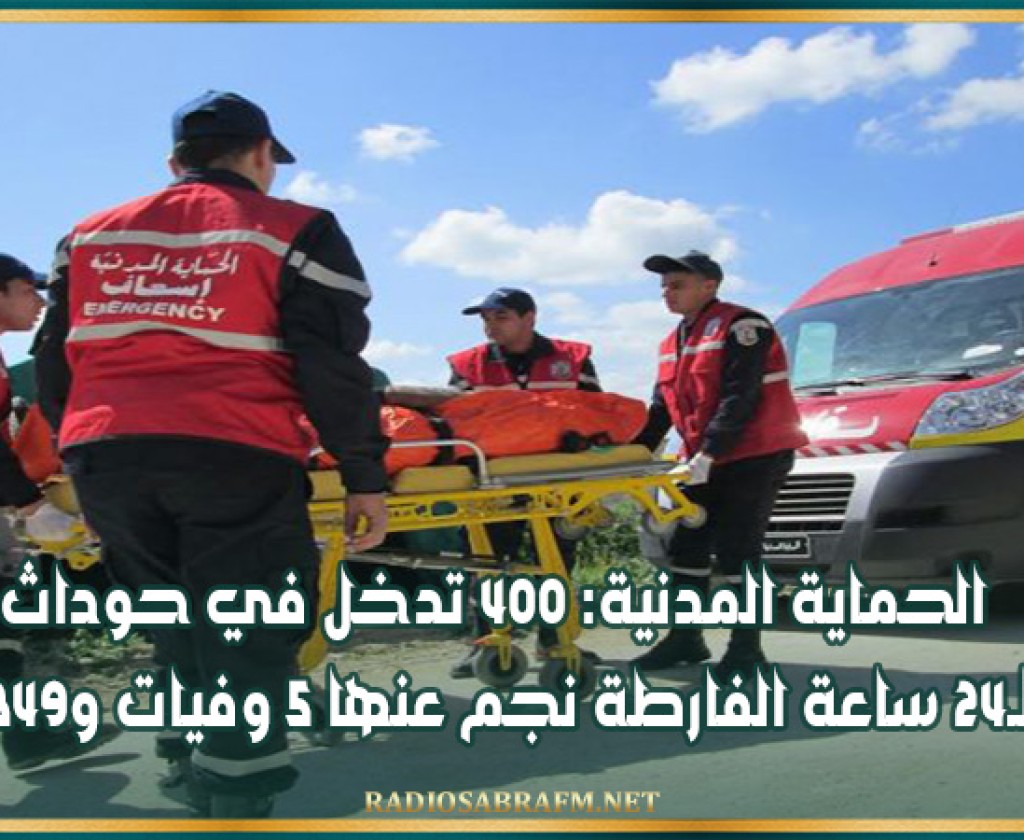 الحماية المدنية: 400 تدخل في حوداث في الـ24 ساعة الفارطة نجم عنها 5 وفيات و349 إصابة