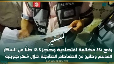 المنستير: رفع 251 مخالفة اقتصادية وحجز 12.5 طنّا من السكر المدعم وطنين من الطماطم خلال شهر جويلية