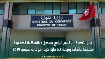 وزير التجارة: الاقليم الرابع يسجل ديناميكية تصديرية محققا عائدات بقيمة 3.7 مليار دينار موفى سبتمبر 2024