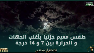 الليلة: طقس مغيم جزئيا بأغلب الجهات و الحرارة بين 7 و 14 درجة